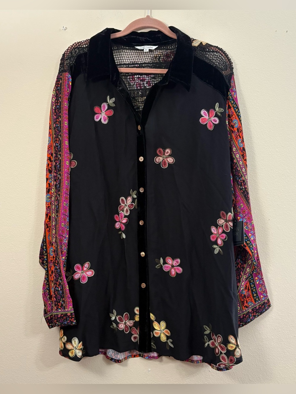 John Mark 3XL Mixed Media Multi Print Point Collar Long Sleeve Button 
 Tunic